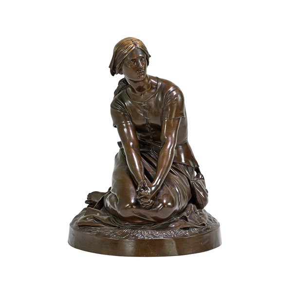 AFTER HENRI MICHEL ANTOINE CHAPU;: (French, 1833-1891); "Joan of Arc at Domremy," raised on green marble; Barbedienne foundry mark; 21"; Provenance: Estate of a Private Collector, New York