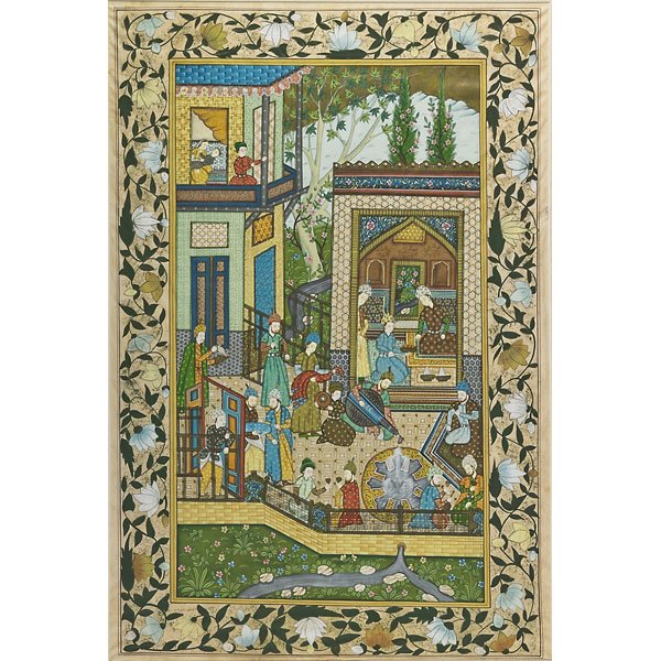 MUGHAL PAINTING: Watercolor on silk of courtyard scene, early 20th c. (framed); 34 1/2" x 22 3/4" (sheet)