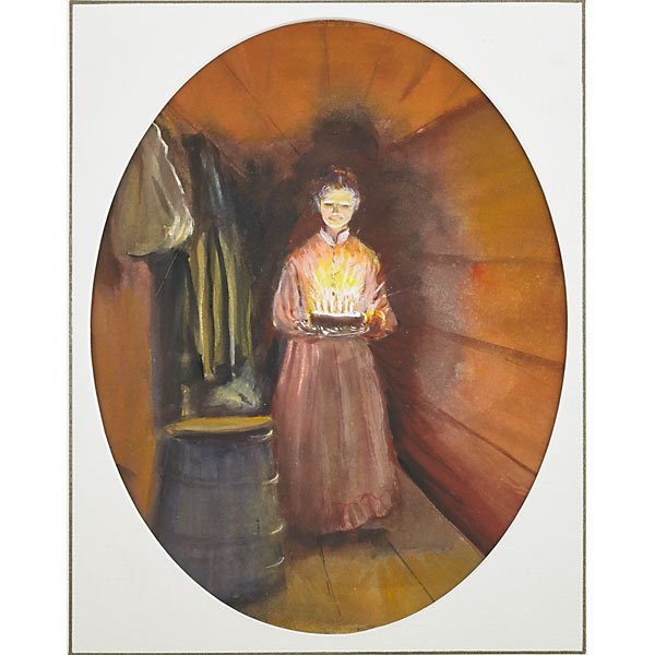 TASHA McCREADY TUDOR (American, 1915-2008): Two works on paper: Watercolor "Becky's Birthday Cake" (framed); Signed; 10" x 8"; Literature:"Tasha Tudor Cookbook", 1993, p. 73; Graphite and watercolor "The Mixing Bowl" (unframed); Signed; 4" x 7"