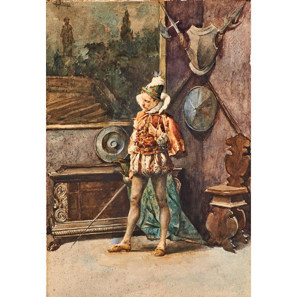 GIUSEPPE BRUGO (Italian, 19th/20th c.): Watercolor on paper of swordsman (framed); Signed; 20 1/2" x 14"
