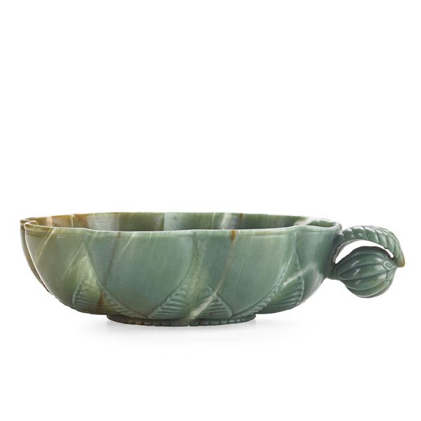 MUGHAL STYLE CARVED JADE BOWL: Lotus form with fruit and leaf handle, 20th c.; 2" x 8 1/2" x 7"