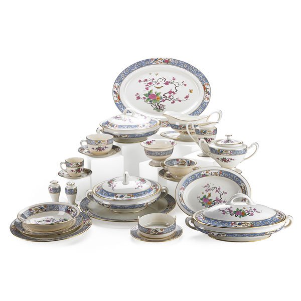 LENOX CHINA SERVICE: One hundred and fifty piece partial service in "Ming" pattern, including five serving pieces, sugar, creamer, salt and pepper, gravy boat with underplate, waste bowl, butter tub, two sizes cups and sa