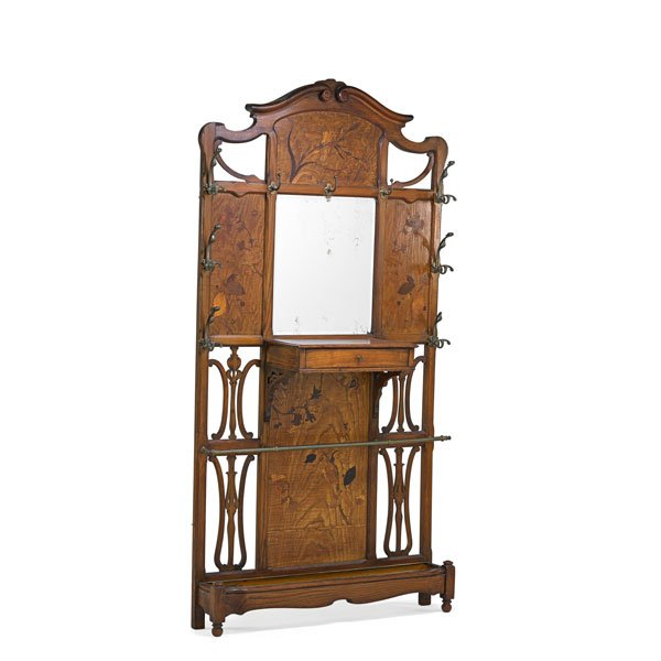 FRENCH ART NOUVEAU HALL STAND: Oak , with floral marquetry and brass umbrella holder, early 20th c.; 90 1/2" x 46" x 13 1/4"; Provenance: Estate of a Private Collector, New York