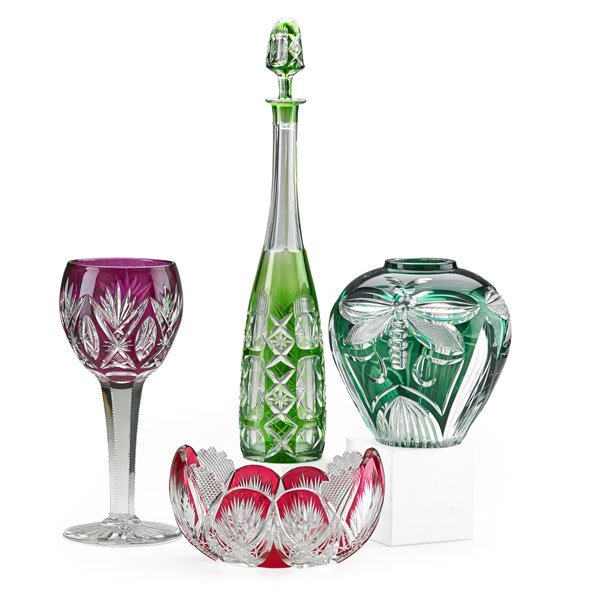 GROUP OF BOHEMIAN GLASS: Four pieces, cut to clear, tall decanter in green, dragonfly decorated vase in green, oval bowl and tall red compote, Czechoslovakia, 20th c.; Decanter: 18"