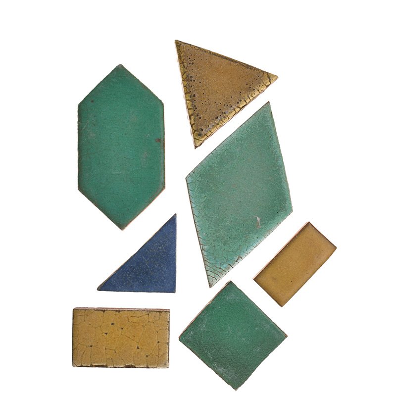 GRUEBY Tiles, approx. 326: GRUEBY Glazed ceramic tiles in various colors and shapes including six 2 1/2" square tiles, approximately 326, Boston, MA, ca. 1915; Unmarked; Largest: 7" x 4"