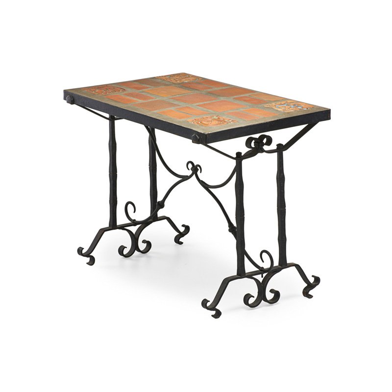 BATCHELDER Tile-top table: BATCHELDER Tile-top table, Pasadena, CA, 1920s; Glazed earthenware tiles, concrete, painted wrought iron; 18 3/4" x 24" x 15 1/2"