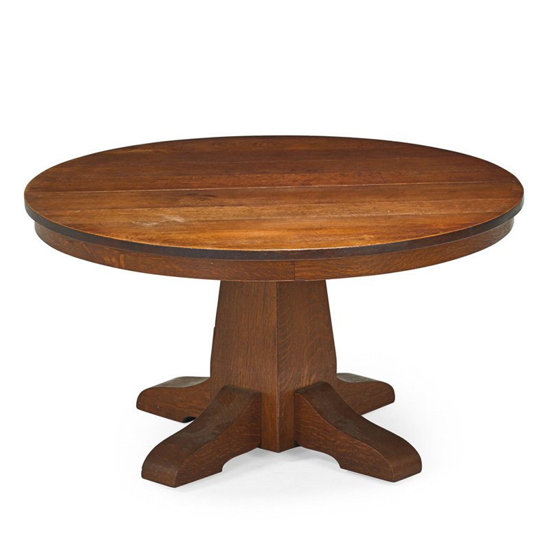 GUSTAV STICKLEY Pedestal dining table: GUSTAV STICKLEY Pedestal dining table, Eastwood, NY, ca. 1908; Unmarked; 29 1/2" x 53 3/4", two 18" leaves, two 12" leaves