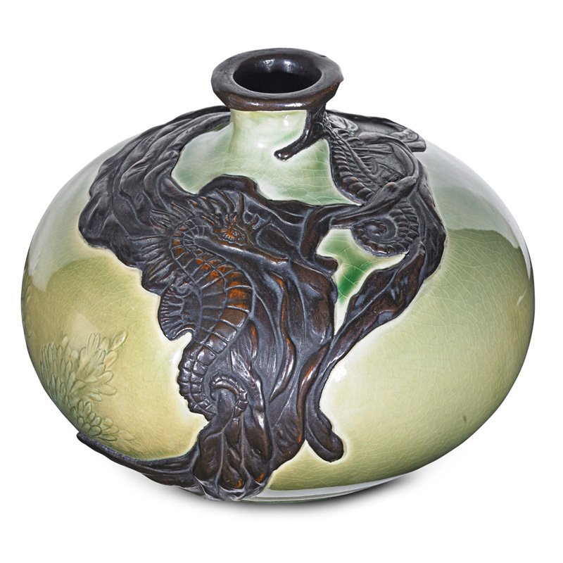 ROOKWOOD Important Sea Green vase, bronzed overlay: VIRGINIA B. DEMAREST (19th - 20th c.) ROOKWOOD Important Sea Green vase with bronzed overlay of seahorses, Cincinnati, OH, 1900; Flame mark/T1234/VBD/g-; 5" x 5 1/2" "Shortly before the turn of the ce