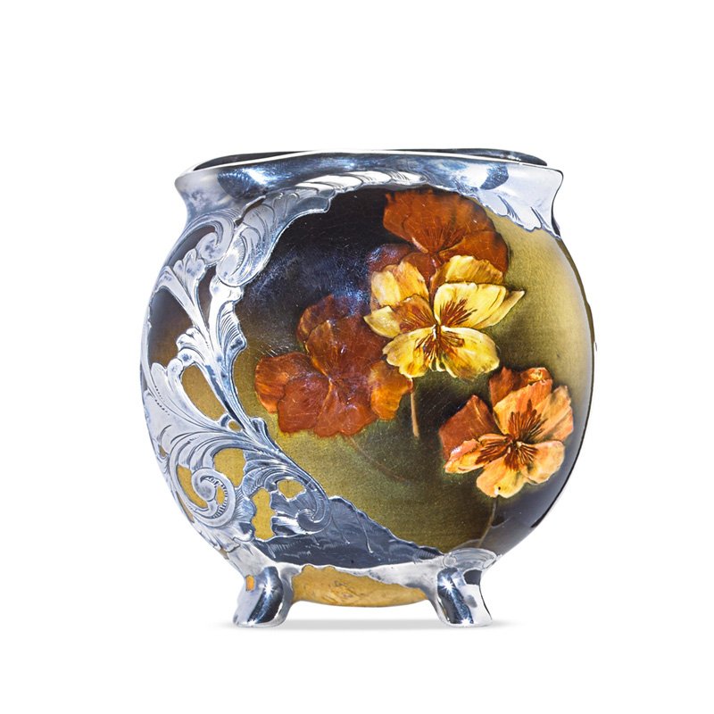 OLGA GENEVA REED; ROOKWOOD/GORHAM Vase: OLGA GENEVA REED ROOKWOOD/GORHAM Small Standard Glaze pillow vase with silver overlay, Cincinnati, OH, 1891; Flame mark/90C/OGR, silver stamped GORHAM MFG. CO, incised R203; 4" x 3 3/4" x 2"