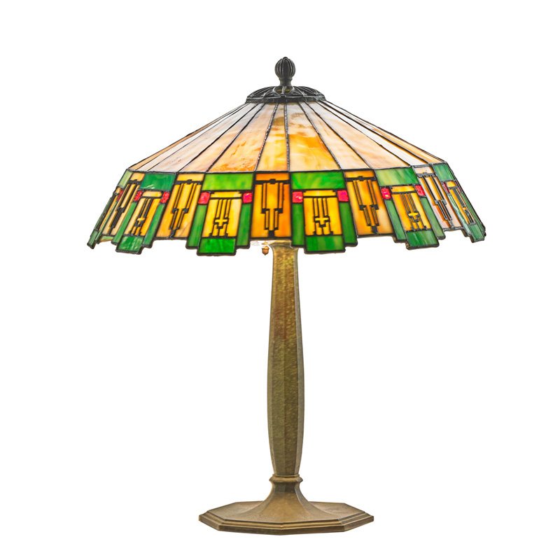 BRADLEY & HUBBARD Table lamp: BRADLEY & HUBBARD Table lamp, Meriden, CT, ca. 1910; Leaded slag glass, patinated metal, four sockets; Unmarked; 21" x 18 1/2" Provenance: Rago Auctions, Early 20th Century, September 2004, lot 775