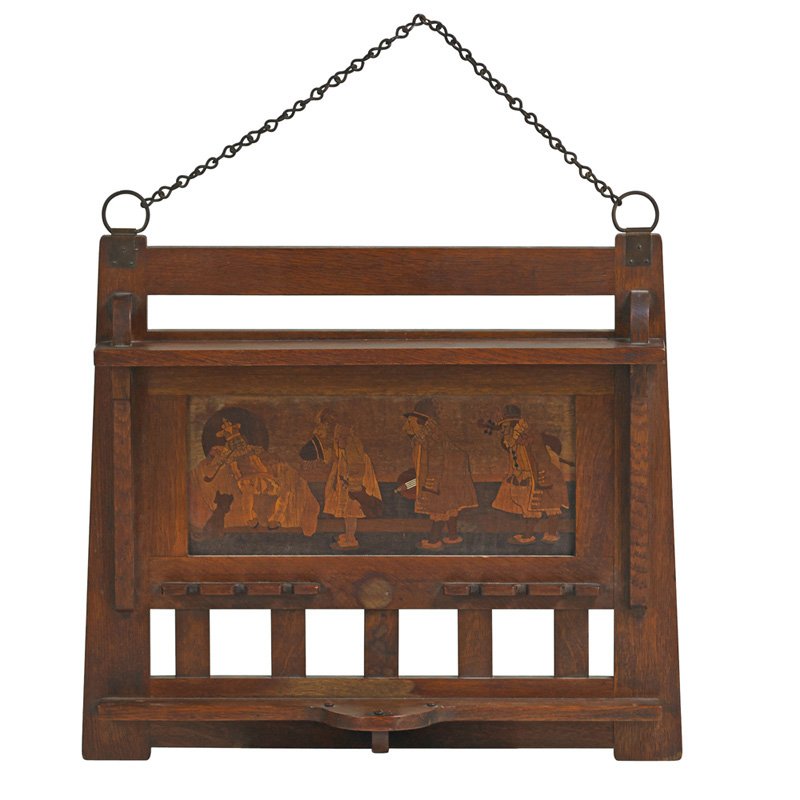STICKLEY BROTHERS Pipe rack: STICKLEY BROTHERS Pipe rack with inlay of Old King Cole, Grand Rapids, MI, ca. 1904; Unmarked; Wood only: 22 1/2" x 25 1/2"