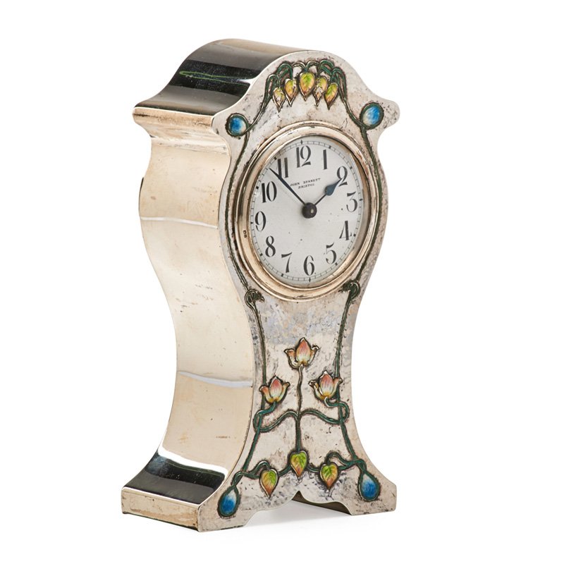 DOUGLAS CLOCK CO. Fine desk clock: DOUGLAS CLOCK CO. JOHN BENNETT Fine desk clock, Birmingham, England, 1903; Enamel and silver; Hallmarks D.C. Co./anchor/lion/d, signed JOHN BENNETT BRISTOL on face; 7" x 3 3/4" x 2"