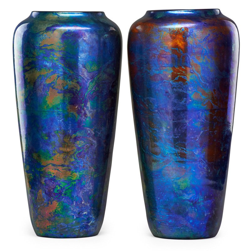 ZSOLNAY Pair of massive vases: ZSOLNAY Pair of massive vases, marbleized eosin glaze, Pecs, Hungary, ca. 1900; Both with raised five churches seal, stamped 19; 21" x 10"