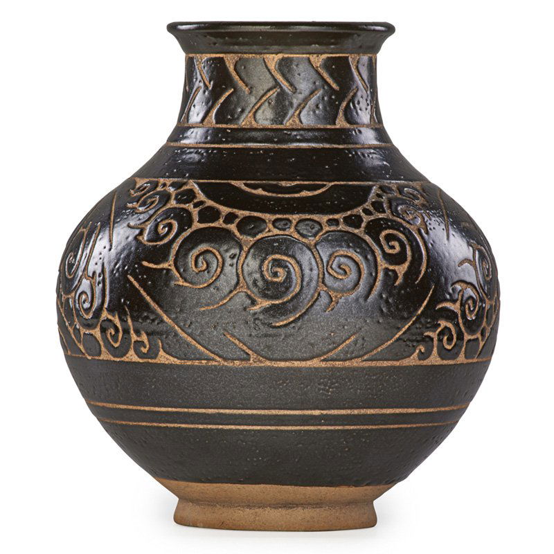 EMILE LENOBLE Large vase with incised decoration: EMILE LENOBLE (1875 - 1940) Large glazed stoneware vase with incised decoration, Choisy-le-Roi, ca. 1930; Impressed mark; 11" x 10" Provenance: Collection of Robert A. Ellison, New York.