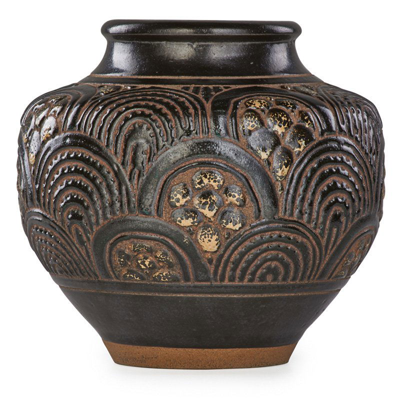 EMILE LENOBLE Vase with incised decoration: EMILE LENOBLE (1875 - 1940) Glazed stoneware vase with incised decoration, Choisy-le-Roi, ca. 1930; Impressed mark; 8 1/2" x 9" Provenance: Collection of Robert A. Ellison, New York.