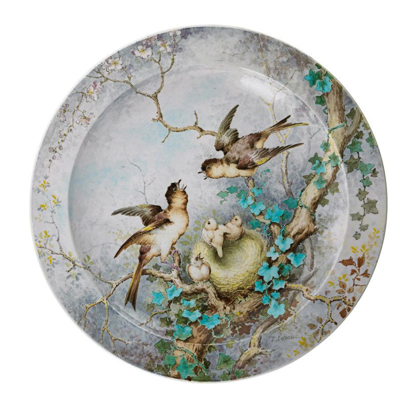 LACHENAL; DECK Massive faience charger: EDMOND LACHENAL (1855 - 1948) THEODORE DECK (1823 - 1891) Massive faience charger with birds, France, 1878; Signed E. LACHENAL and dated, stamped T DECK; 19 3/4" dia. Published: Martin Eidelberg, Edmo