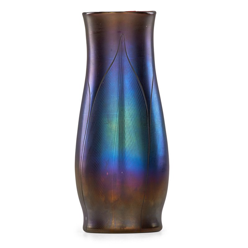 LOETZ Tall iridescent glass vase: LOETZ Tall iridescent glass vase with pulled feather decoration, Austria, 1900s; Spurious mark; 12" x 5"