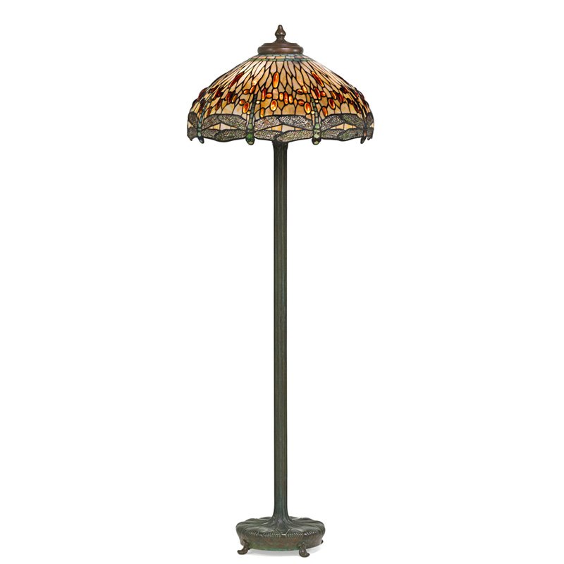 TIFFANY STUDIOS Dragonfly floor lamp: TIFFANY STUDIOS Dragonfly floor lamp, New York, ca. 1920; Patinated bronze, leaded slag glass, six sockets; Base stamped TIFFANY STUDIOS NEW YORK 379; Overall 64" x 22" Provenance: Sold by the Los Ang