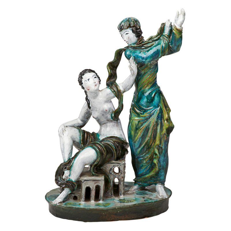 LOTTE CALM (Attr.); WIENER WERKSTATTE Sculpture: LOTTE CALM (Attr.) WIENER WERKSTATTE Glazed earthenware sculpture, "Divine and Earthly Love," Austria, 1920s; Stamped WW MADE IN AUSTRIA 979; 13" x 8" Literature: Bärbel Hamacher (ed.), Expressive Ke