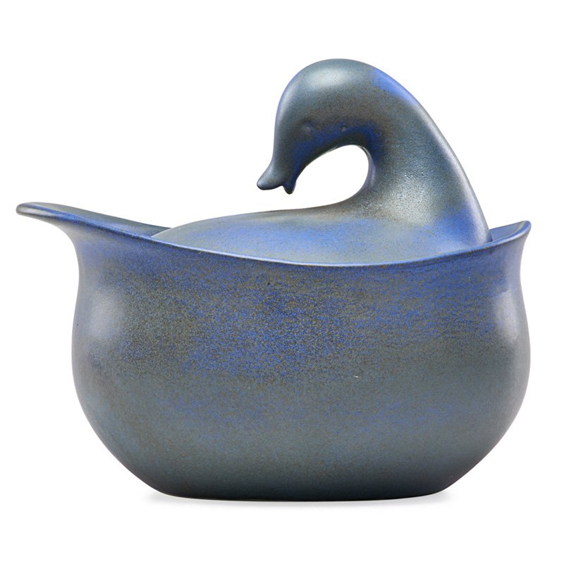 EVA ZEISEL; GREAT WESTERN STONEWARE Rare vessel: EVA ZEISEL (1906 - 2011) GREAT WESTERN STONEWARE Rare lidded earthenware vessel in the form of a duck, microcrystalline glaze, Monmouth, IL, 1940s; Unmarked; 7 1/2" x 9" Provenance: Rago Auctions, Oct