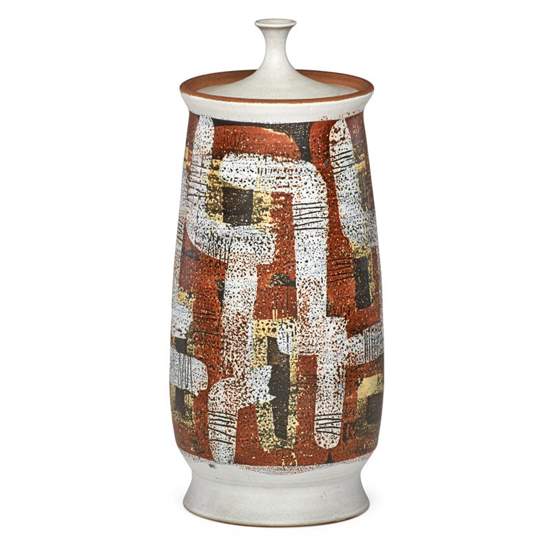 CLYDE BURT Large lidded vessel: CLYDE BURT (1922 - 1981) Large lidded glazed earthenware vessel, Chicago, IL; Signed CB; 17" x 7"