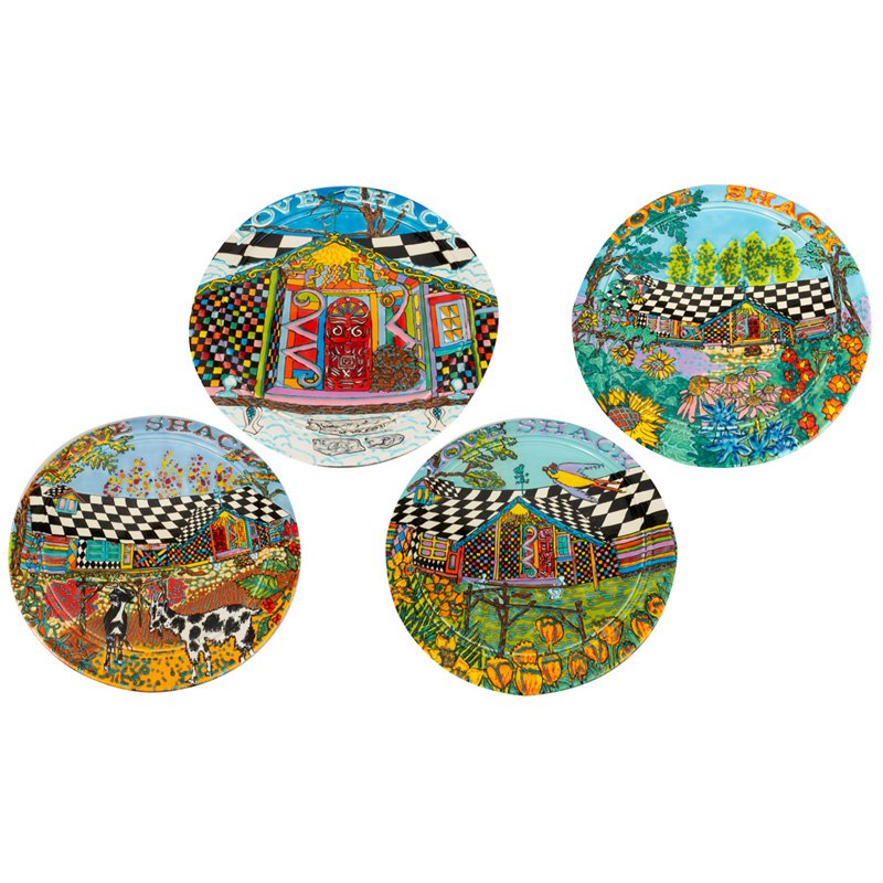 PHILLIP MABERRY; SCOTT WALKER Four plates: PHILLIP MABERRY (b. 1951) SCOTT WALKER Four plates from the Love Shack series, Santa Monica, CA, 1993; Stamped MABERRY/WALKER/GARTH CLARK GALLERY, titled on backs and 1984-1994; 17" dia. Provenance: P