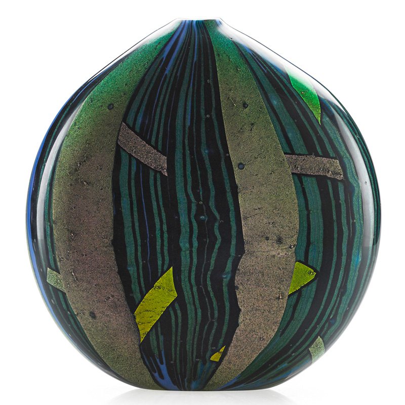 MICHELE BURATO Glass vase: MICHELE BURATO (b. 1957) Blown and iridized glass vase, Murano, 1999; Etched Michele Burato 99 P.V.O. DiCarlo 06; 9" x 8" x 3"