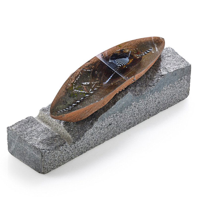 BERTIL VALLIEN; KOSTA BODA Sculpture, "Stranded": BERTIL VALLIEN (b. 1938) KOSTA BODA Sculpture, "Stranded," Sweden; Cast glass, granite; Etched B. Vallien KOSTA BODA 8 305860272; 5 1/2" x 15 3/4" x 4"