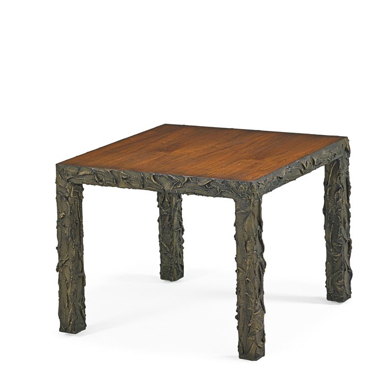 PAUL EVANS Sculptured Metal table: PAUL EVANS (1931 - 1987) PAUL EVANS STUDIO Sculptured Metal table, USA, 1970s; Bronze, composite, rosewood; Unmarked; 29 1/2" x 37" sq. Provenance: Original owner, purchased directly from the artist;