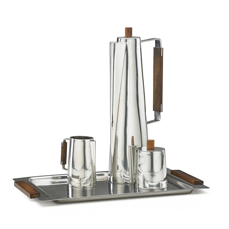 PAUL EVANS; RAYMOR Rare coffee set: PAUL EVANS (1931 - 1987) RAYMOR Rare coffee set, Denmark, 1950s; Coffee pot and sugar stamped PEWTER DENMARK RAYMOR 7183, tray stamped RAYMOR STAINLESS DENMARK; Coffee pot: 13" x 5"
