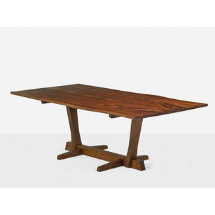 GEORGE NAKASHIMA Conoid dining table: GEORGE NAKASHIMA (1905 - 1990) NAKASHIMA STUDIOS Conoid dining table, New Hope, PA, 1976; Walnut; Signed with client name; 29" x 86 1/2" x 45 1/2" Provenance available: Copy of original order card.