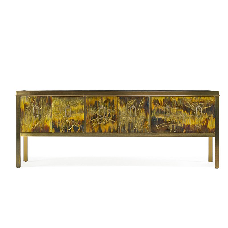 BERNHARD ROHNE; MASTERCRAFT Cabinet: BERNHARD ROHNE (b. 1944) MASTERCRAFT Cabinet decorated with kanji script, USA, 1980s; Etched, patinated, and enameled bronze; Etched signature; 30" x 78 1/2" x 21 1/4"