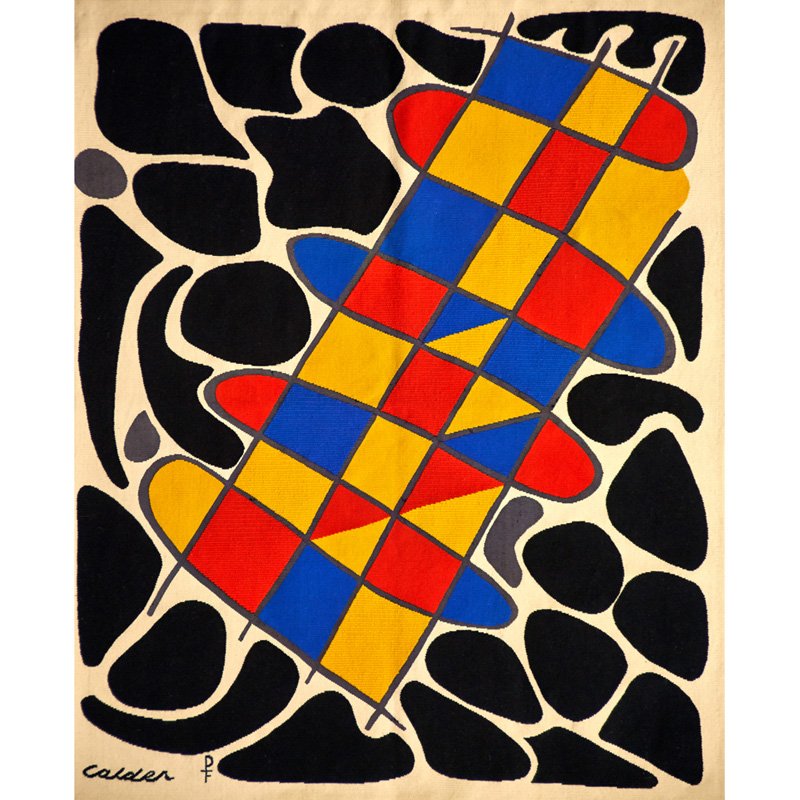 AFTER ALEXANDER CALDER; ATELIER PINTON Tapestry: AFTER ALEXANDER CALDER ATELIER PINTON Wall-hanging wool tapestry, "No. 31 Du Noir autour de couleurs," Aubusson, France, 1960s; Woven Calder P/F, 1/6, cloth label to back; 66 1/2" x 45"