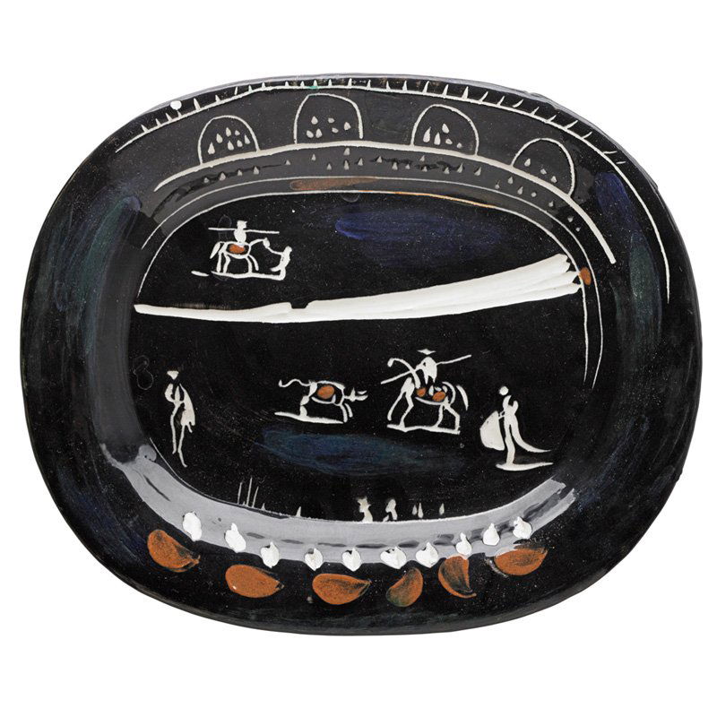 PABLO PICASSO; MADOURA Charger, "Green Corrida": PABLO PICASSO (1881 - 1973) MADOURA Glazed earthenware charger, "Green Corrida (Corrida Verte)," France, 1949;Stamped MADOURA PLEIN FEU EMPREINTE ORIGINALE DE PICASSO; 14" x 11 1/2" Publication: Alain