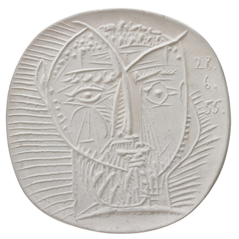 PABLO PICASSO; MADOURA Plate, "Faun's head": PABLO PICASSO (1881 - 1973) MADOURA Bisque earthenware plate, edition of 150, "Faun's Head (Tête de Faune)," France, 1955; Stamped MADOURA PLEIN FEU EMPREINTE ORIGINALE DE PICASSO; 10" sq. Publicatio