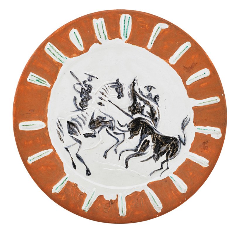 PABLO PICASSO; MADOURA Large plate, "Tauromachy…": PABLO PICASSO (1881 - 1973) MADOURA Large glazed earthenware plate, "Tauromachy Scene (Scene Tauromachie)," France, 1959; Stamped MADOURA PLEIN FEU EMPREINTE ORIGINALE DE PICASSO, molded date to front