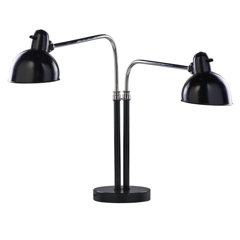 CHRISTIAN DELL Double Dell table lamp: CHRISTIAN DELL (1893 - 1974) KAISER & CO Double Dell adjustable table lamp, Germany, 1930s; Enameled steel, chromed brass, Bakelite, single sockets; Raised signature to shade, ORIGINAL KAISER-idell; A