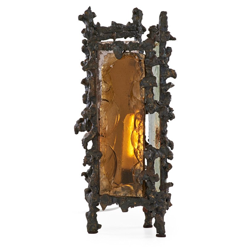 MARCELLO FANTONI; RAYMOR Table lamp: MARCELLO FANTONI (b. 1915) RAYMOR Table lamp, Italy, 1960s; Bronzed steel, glass, single socket; Metal tag, FANTONI FIRENZE RAYMOR ITALY; 17 1/2" x 8" x 8"