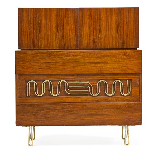 EDMUND SPENCE Chest-on-chest: EDMUND SPENCE Chest-on-chest, Sweden, 1950s; Figured walnut, carved and stained beech; Ink stamped MADE IN SWEDEN Factory No. 14; Overall: 46" x 42" x 20", height to lower chest: 32"