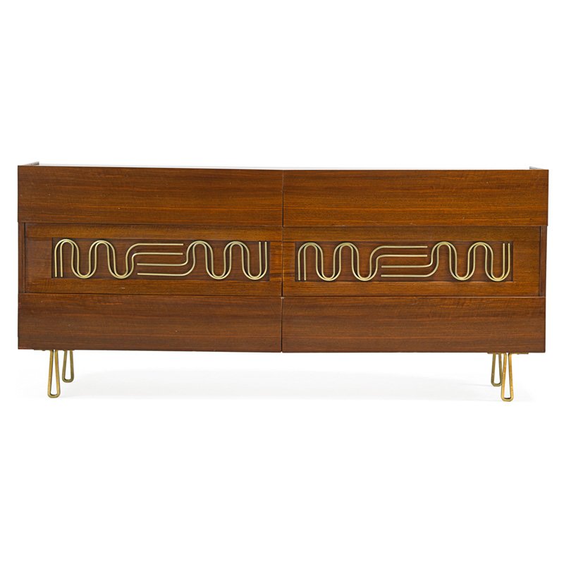 EDMUND SPENCE Double dresser: EDMUND SPENCE Double dresser, Sweden, 1950s; Figured walnut, brass; Ink stamp MADE IN SWEDEN Factory No. 14; 32" x 72" x 20"