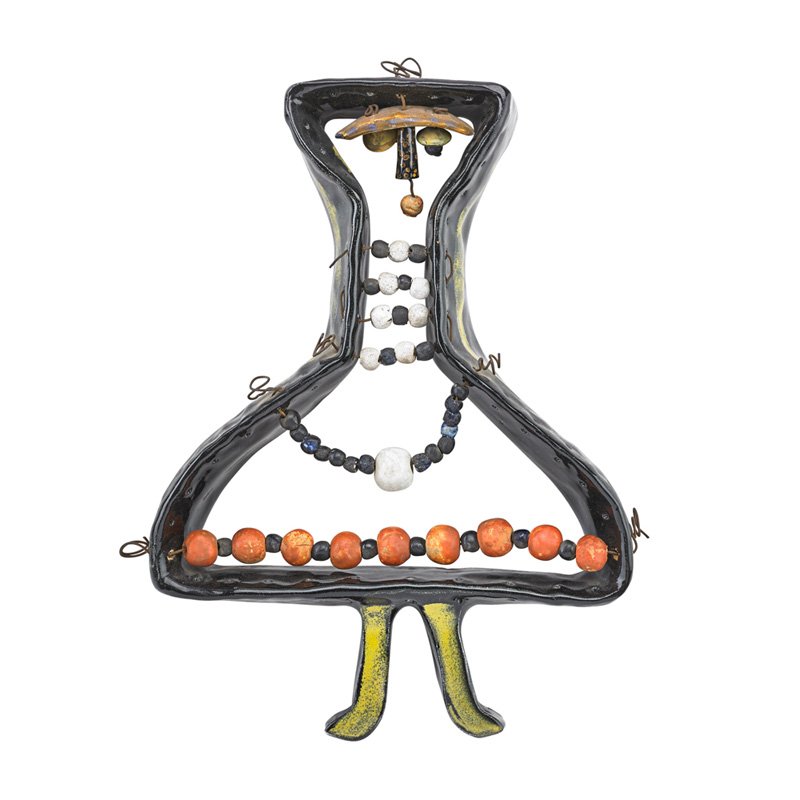 BIRGER KAIPIAINEN Figural sculpture: BIRGER KAIPIAINEN (1915 - 1988) Figural sculpture, Finland; Glazed earthenware, faience beads, metal wire; Signed KAIPIAINEN; 11 1/2" x 8" x 2"