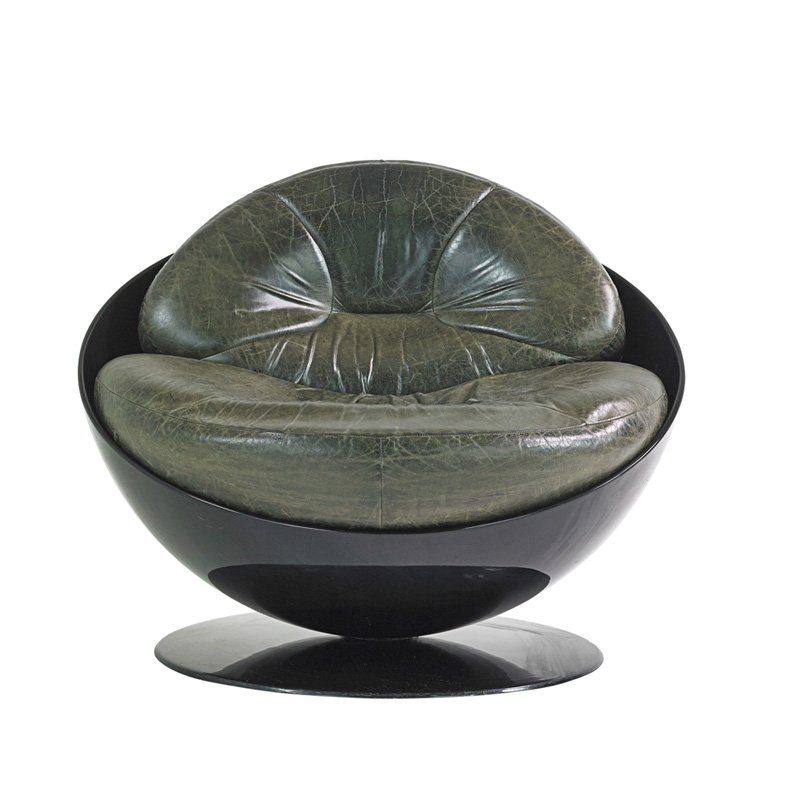 RICARDO FASANELLO Esferam lounge chair: RICARDO FASANELLO (1930 - 1993) Esferam lounge chair, Brazil, 1990s; Polyester resin, fiberglass, leather; Inlaid designer initials; 34" x 45" x 45"
