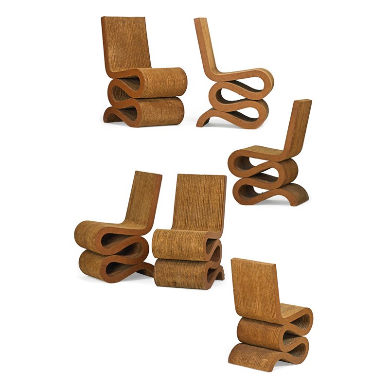 FRANK GEHRY; EASY EDGES Six Wiggle chairs: FRANK GEHRY (b. 1929) EASY EDGES Set of six Wiggle chairs, USA, 1970s; Laminated cardboard, masonite; Unmarked; 33 1/2" x 16" x 22"