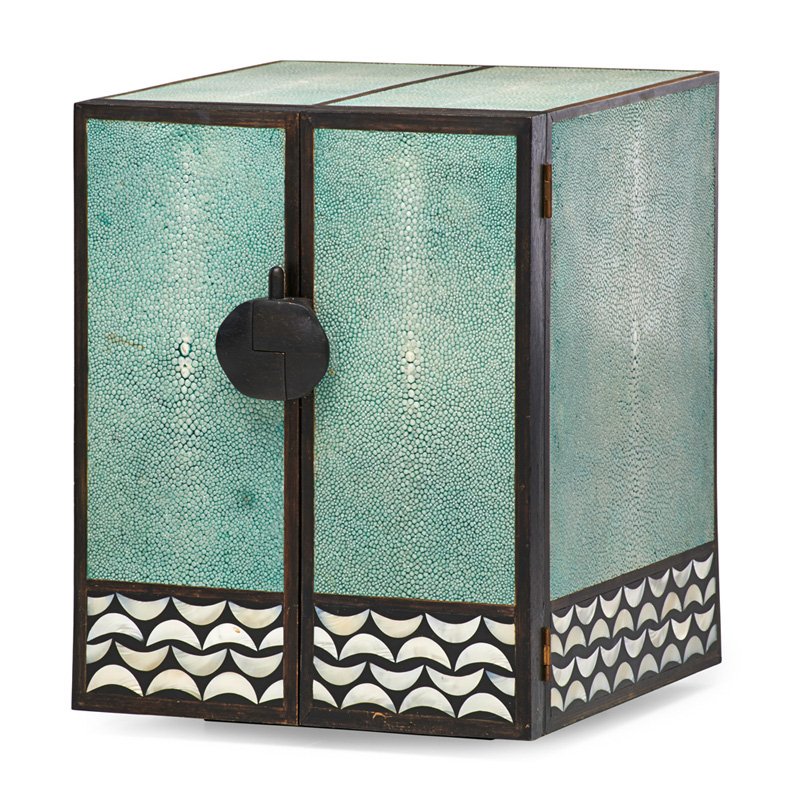 R & Y AUGOUSTI "Nikita" jewelry chest: R & Y AUGOUSTI "Nikita" jewelry chest, London/The Philippines, 1990s; Shagreen, stained wood, mother-of-pearl; Stamped R&Y AUGOUSTI LONDON, Made in the Philippines decal; 12" x 9 1/2" x 10"