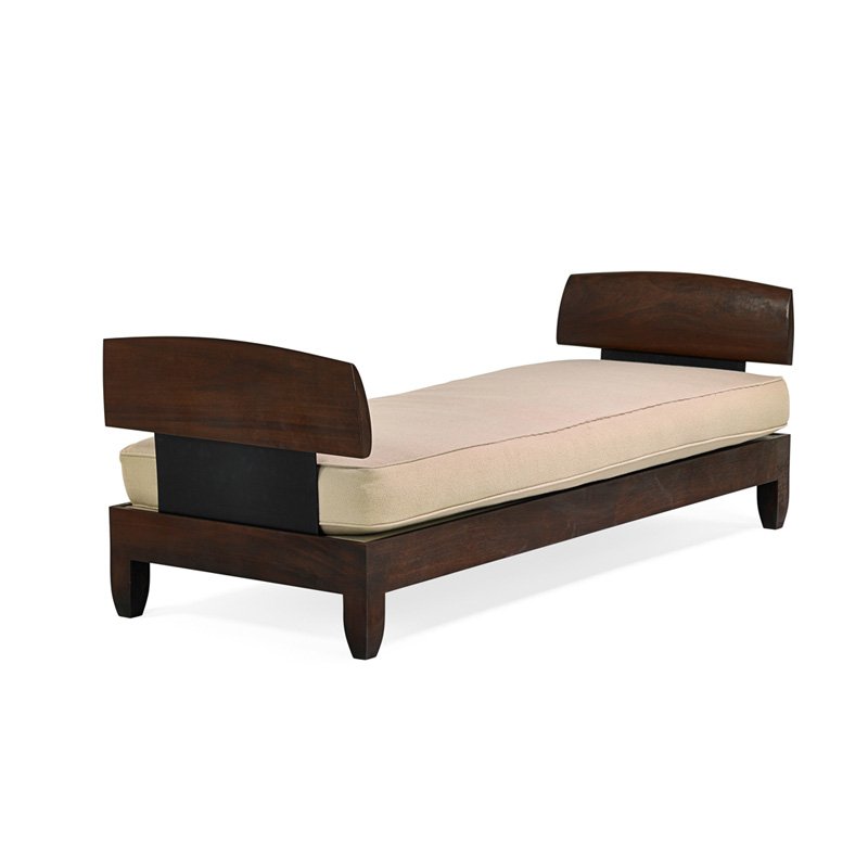 CHRIS LEHRECKE Daybed: CHRIS LEHRECKE (b. 1958) RALPH PUCCI INTERNATIONAL Daybed, USA, 1990s; Stained mahogany, enameled steel, upholstery; Unmarked; 29" x 32 1/4" x 82 1/2", height to top of cushion: 18 1/2"