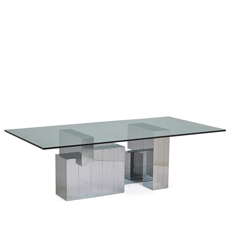 PAUL EVANS; DIRECTIONAL Cityscape dining table: PAUL EVANS (1931 - 1987) DIRECTIONAL Cityscape dining table (PE 631), USA, 1970s; Chromed steel, glass; Unmarked; 29"