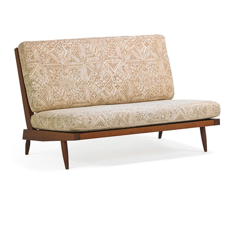 GEORGE NAKASHIMA Cushion settee: GEORGE NAKASHIMA (1905 - 1990) NAKASHIMA STUDIOS Cushion settee, New Hope, PA, 1956; Walnut, upholstery; Unmarked; 31" x 48" x 35" Provenance available: Copy of original order card and letter of authe