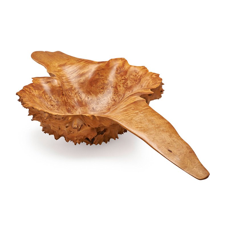 BOB WOMACK Turned wood bowl: BOB WOMACK Centerpiece bowl, "Big Leaf Maple Burl"; Signed and titled; 4 1/2" x 26" x 13 1/4" Provenance: Rago Auctions, Modern Design, October 2006, lot 468.