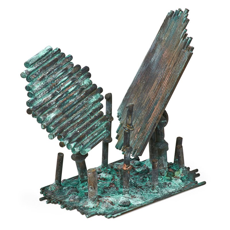 KLAUS IHLENFELD Sculpture, "Solar Panels": KLAUS IHLENFELD (b. 1934) Oxidized bronze sculpture, "Solar Panels," Berks County, PA; Stamped KI; 7 1/4" x 8" x 5"
