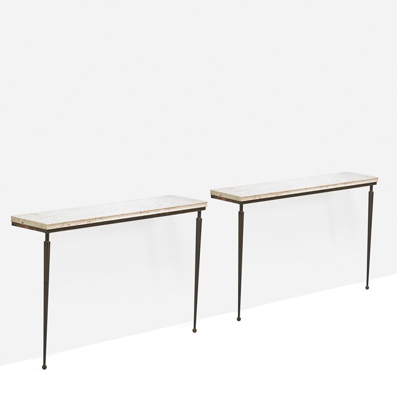 JACQUES ADNET (Attr.) Pair of console tables: JACQUES ADNET (Attr.) (1901 - 1984) Pair of console tables, France, 1950s; Patinated bronze, marble; Unmarked; 31 1/4" x 47 1/4" x 12"